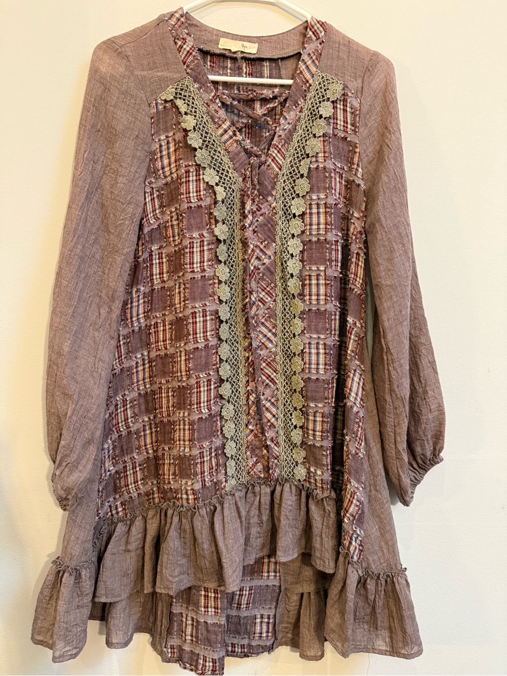 Ryu Plaid Tunic with Sage Lace Trim